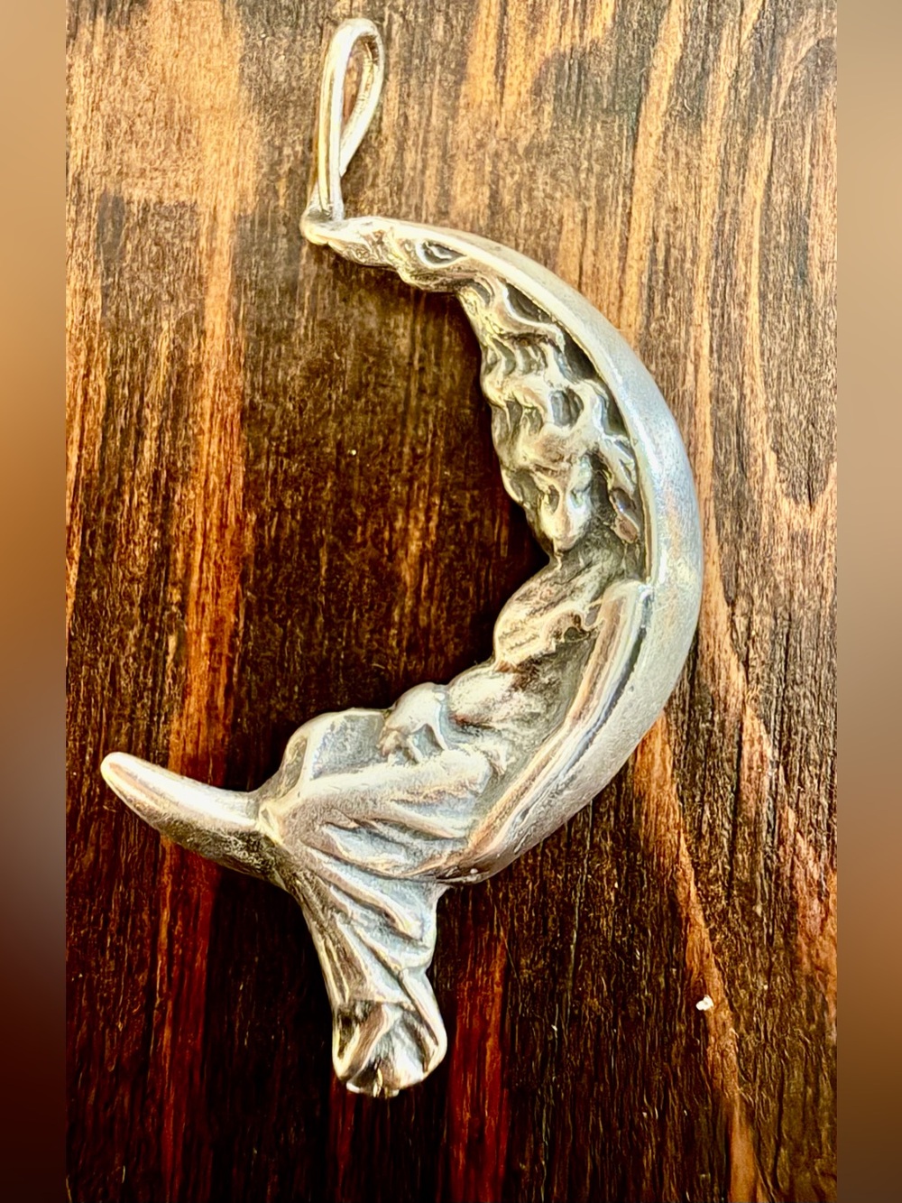 Vtg Sterling Silver Art Nouveau Lady in Crescent Moon Pendant